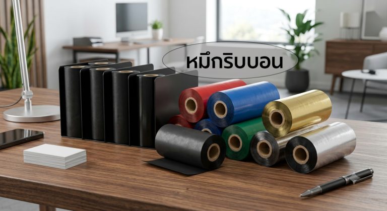 Wax Ribbon (ประหยัดสุด, นิยมสุด) เหมาะกับ: สติ๊กเกอร์เนื้อกระดาษธรรมดา (กึ่งมันกึ่งด้าน, ขาวด้าน)